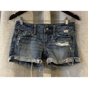 American Eagle Distressed Denim Shortie Shorts Sz 00 Cuffed Stretch Festival
